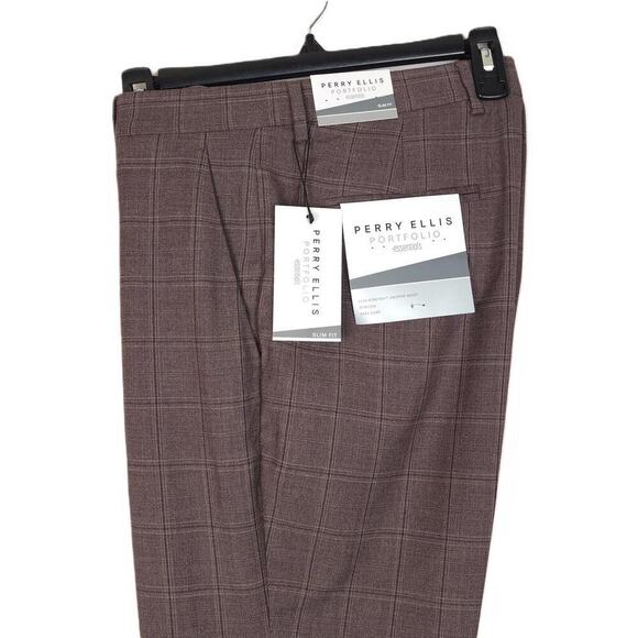 Perry Ellis Portfolio Men's Slim-Fit Stretch Dress Pants Brown Plaid 32x30 NWT